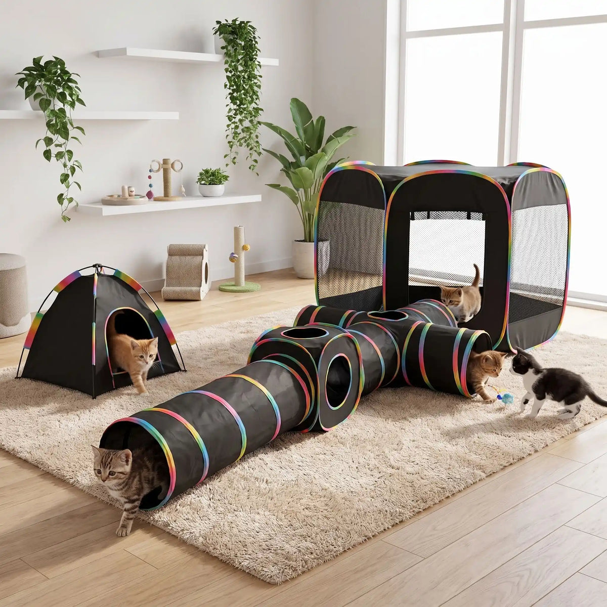 Jeu pour chat avec tunnel pliable et tente, tissu noir, entrées à anneaux multicolores.