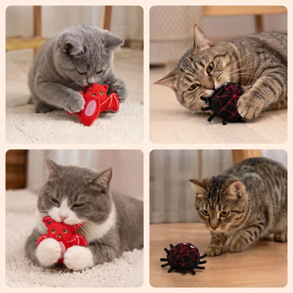  4 chats jouant avec les deux peluches
