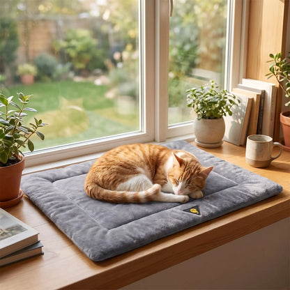 Tapis auto-chauffant pour chat gris, matelassage visible, chat allongé dessus