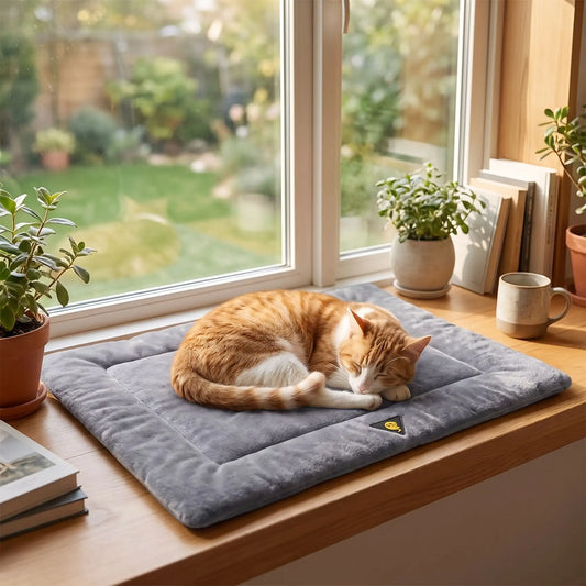 Chat couché sur un tapis auto-chauffant gris, sans électricité