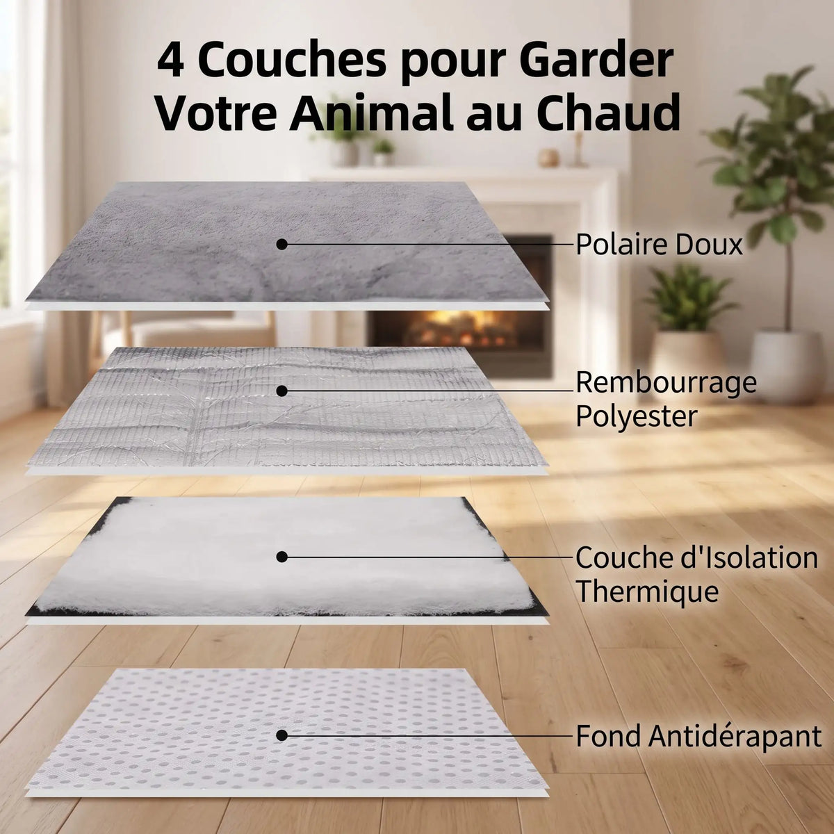 Tapis auto-chauffant pour chat à 4 couches : polaire, polyester, isolation thermique