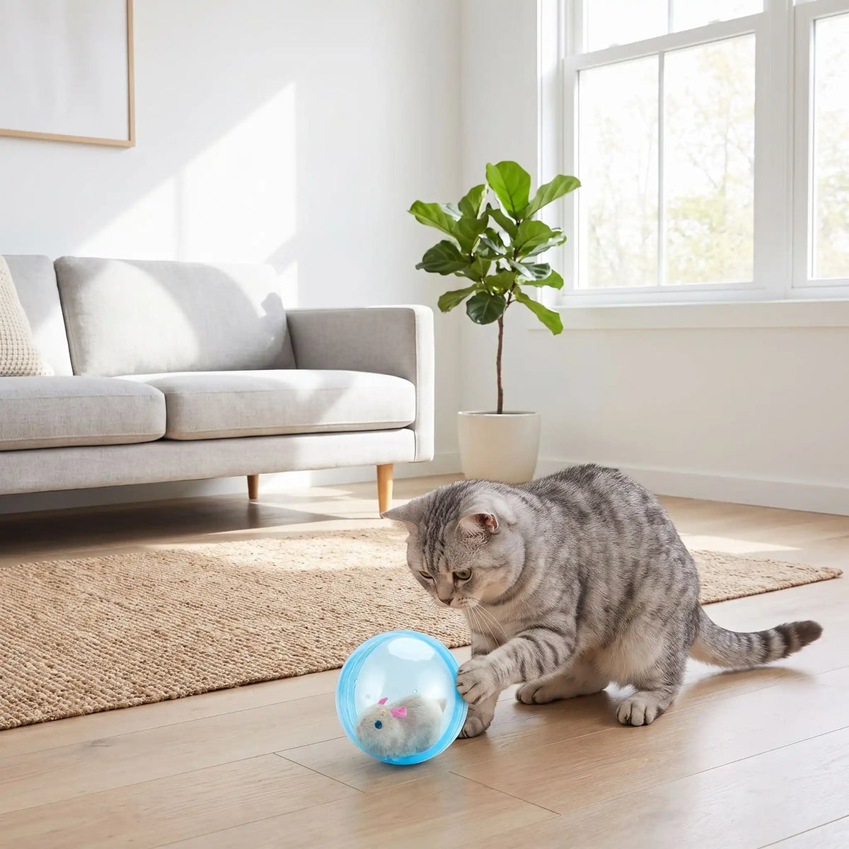 Chat près d’une balle roulante bleue sur le sol du salon.
