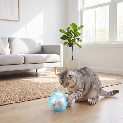 Chat près d’une balle roulante bleue sur le sol du salon.
