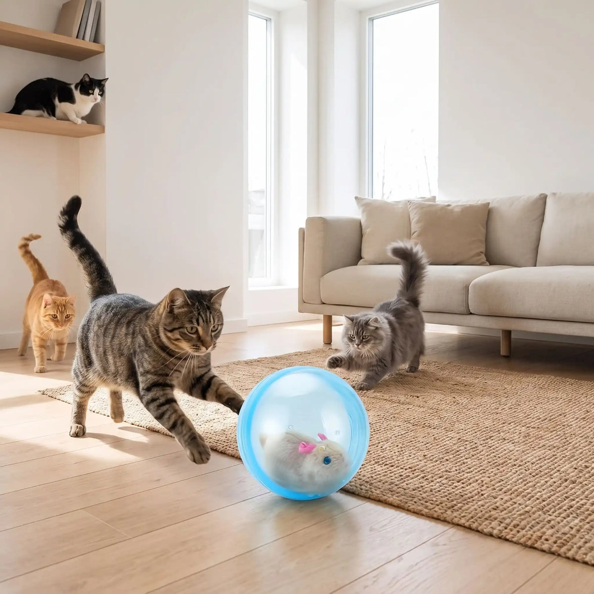 Chat observant une balle roulante transparente bleue dans un salon.
