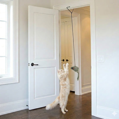 Jouet suspendu pour chat : souris en peluche sur corde élastique, chat se dresse sur le sol.