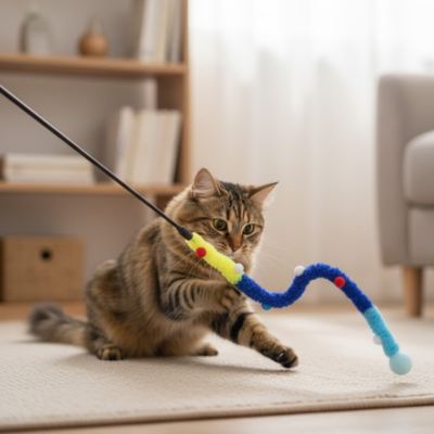 Canne à pêche pour chat : chenille multicolore à clochettes, jouet au bout.