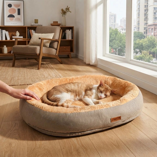 Panier pour chat rond en tissu beige, coussin intérieur moelleux