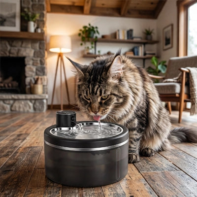 Chat tigré buvant à une fontaine à eau sans fil noire posée sur un parquet en bois


