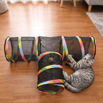Ensemble tunnel pliable pour chat en tissu noir, entrée circulaire avec chat gris et chaton.