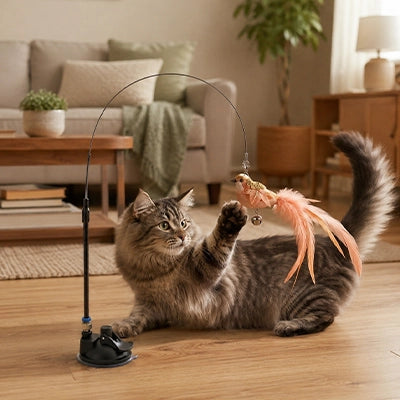 Canne à pêche pour chat avec oiseau à plumes orange, ventouse et tige courbée
