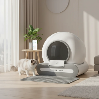ac à litière auto-nettoyant 65L dans un salon moderne — design discret