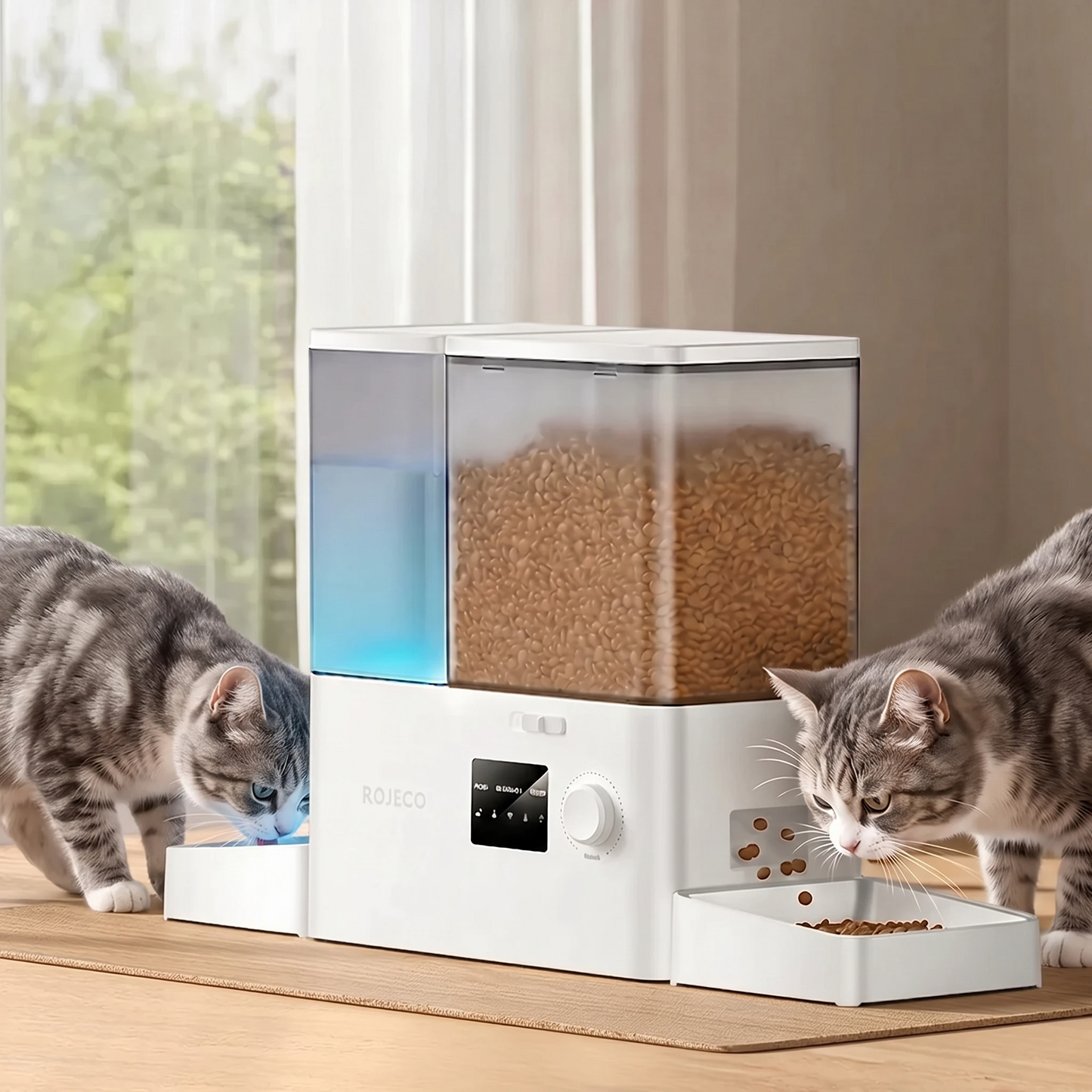 Mangeoire automatique 2-en-1 blanche, deux chats à l’avant près du plateau de nourriture