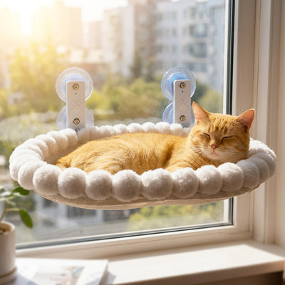 Hamac pour fenêtre peluche claire, deux ventouses transparentes, chat roux allongé
