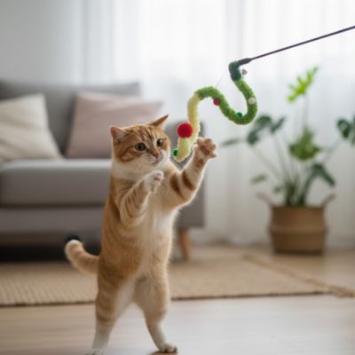 Canne à pêche pour chat, chenille verte et rouge à clochettes, en l’air.