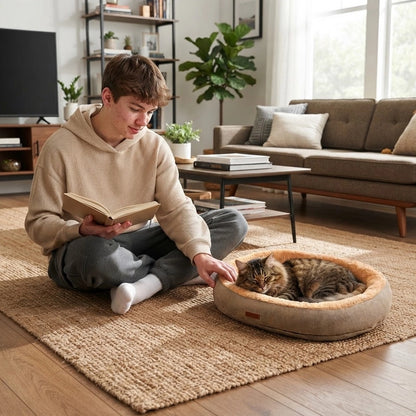 Panier pour chat en tissu beige clair, bord rembourré et intérieur doux
