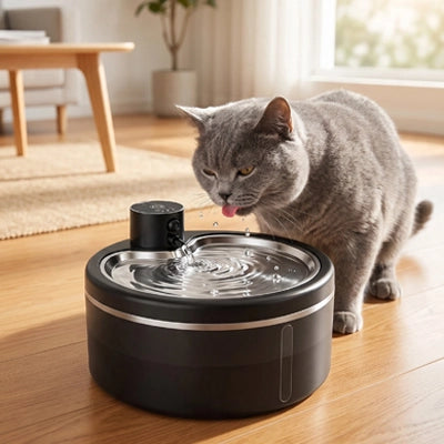 Chat gris buvant à une fontaine à eau circulante dans un intérieur lumineux