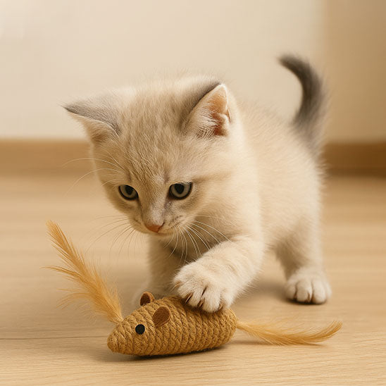 Jouet pour chat en corde de chanvre : souris avec plume orange