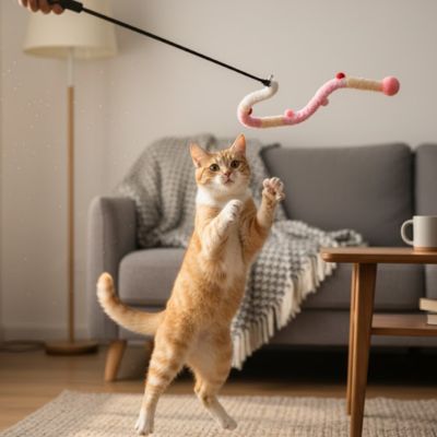 Canne à pêche pour chat avec chenille rose à clochettes, attrapée par un chat.