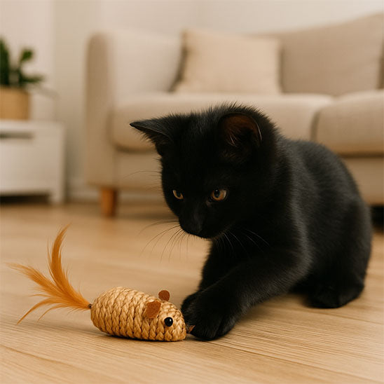 Jouet pour chat : souris en corde de chanvre et plume orange