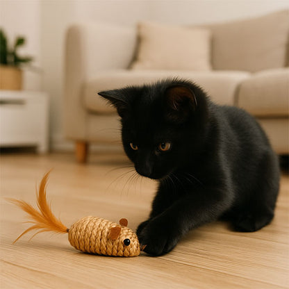 Jouet pour chat : souris en corde de chanvre et plume orange