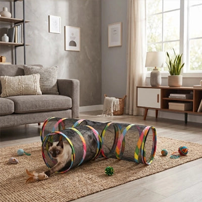 Tunnel pliable pour chat en tissu noir, arceau avec entrée ronde, jouets au sol.
