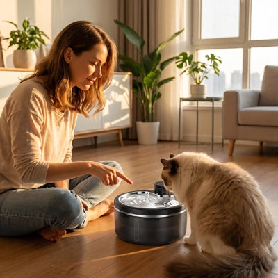Femme installant une fontaine à eau pour chat sur le sol d'un salon
