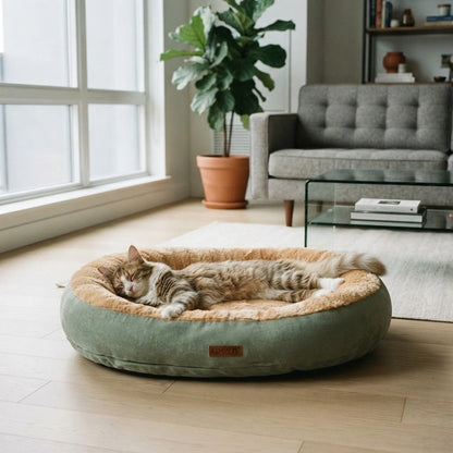 Panier pour chat rond vert menthe avec coussin intérieur beige