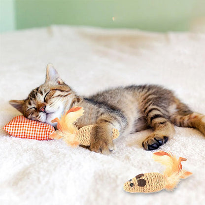 Jouet pour chat : souris en corde de chanvre avec plume orange