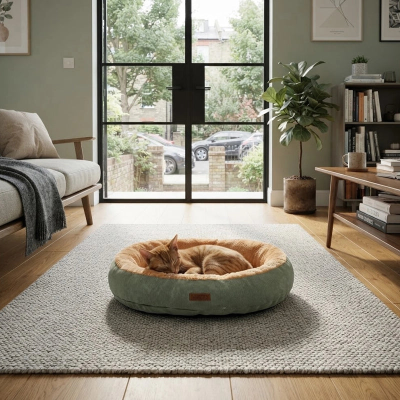 Panier pour chat rond vert menthe avec bord rembourré et intérieur beige