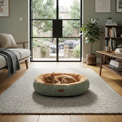Panier pour chat rond vert menthe avec bord rembourré et intérieur beige