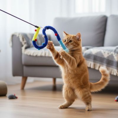 Canne à pêche pour chat : chenille bleue à clochettes, jouet tenu vers le chat.