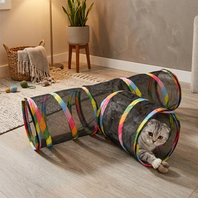Tunnel pliable pour chat en tissu noir à fenêtre, ouverture ronde et chat dans le tunnel.