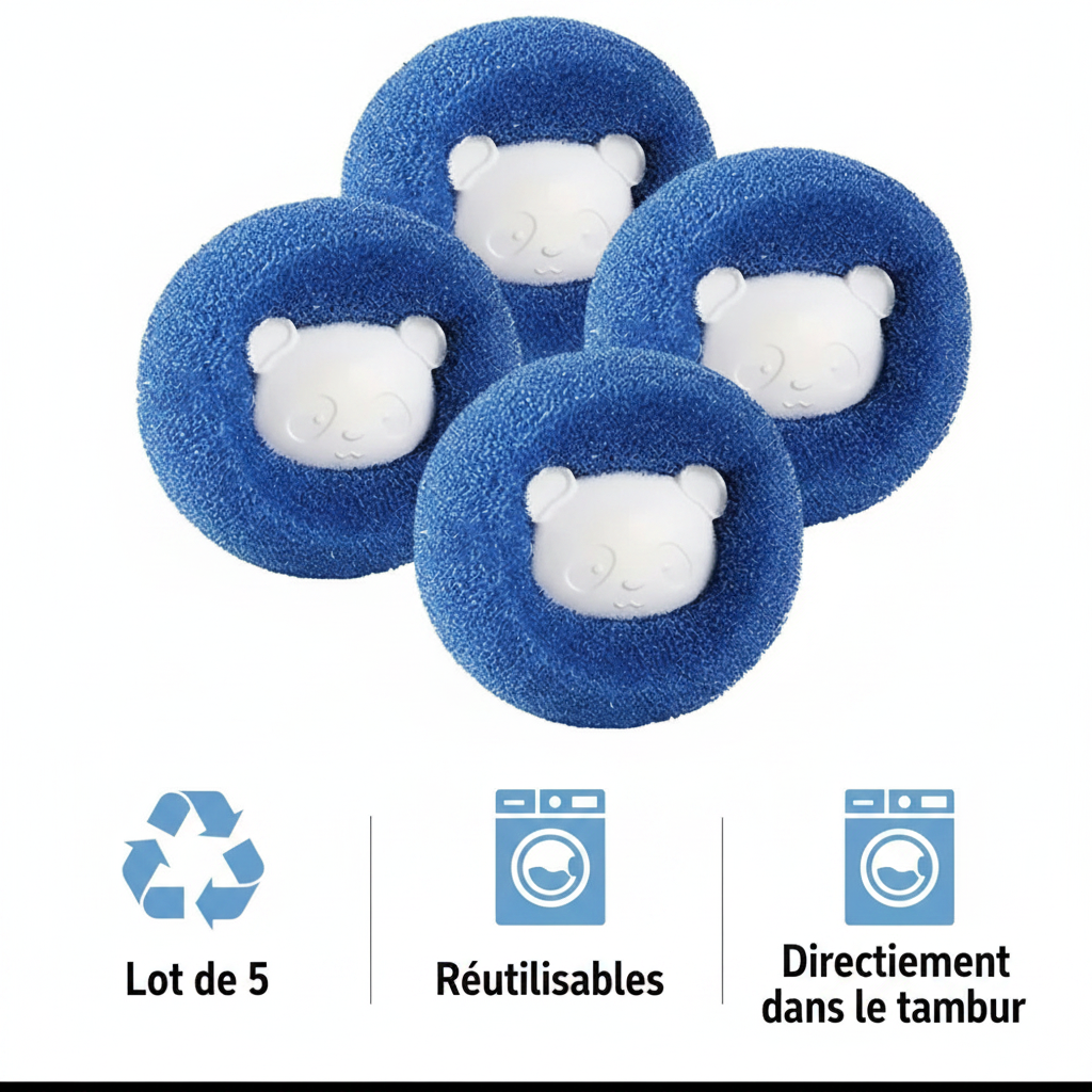 Lot de 5 balles attrape-poils réutilisables panda — directement dans le tambour