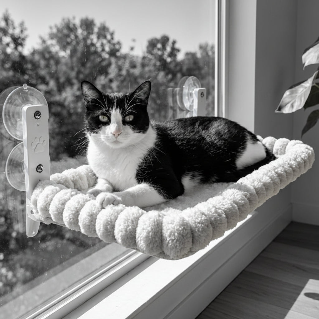 Hamac pour fenêtre en peluche claire avec ventouses, chat noir et blanc couché