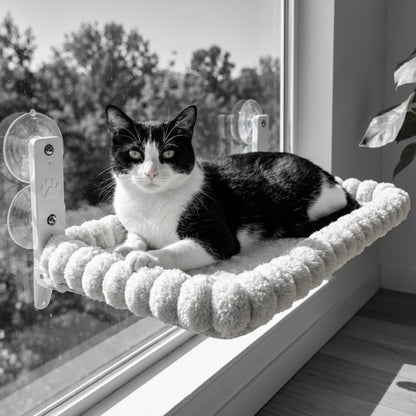 Hamac pour fenêtre en peluche claire avec ventouses, chat noir et blanc couché