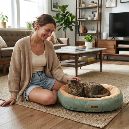 Panier pour chat vert menthe, intérieur beige bordure rembourrée