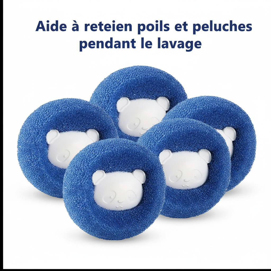5 balles attrape-poils bleues forme panda pour machine à laver — aide à retenir poils et peluches