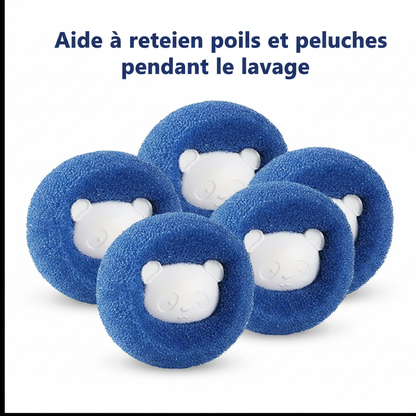 5 balles attrape-poils bleues forme panda pour machine à laver — aide à retenir poils et peluches