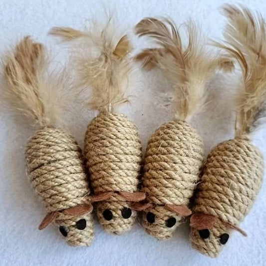 Lot de souris en corde beige pour chat, avec yeux noirs et petites oreilles