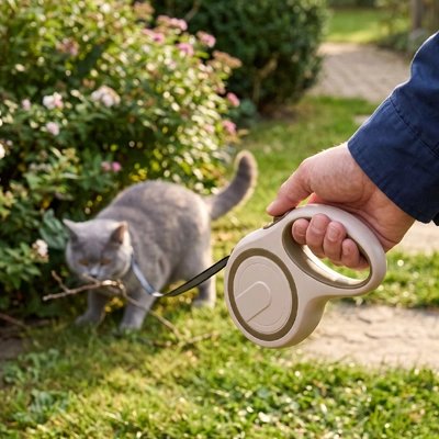 Laisse rétractable pour chat beige : poignée ronde tenue à la main