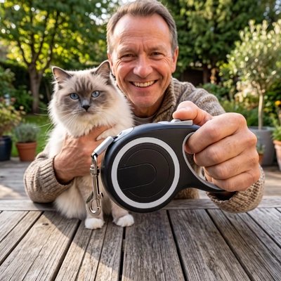 Laisse rétractable pour chat grise : poignée ronde et attache au harnais