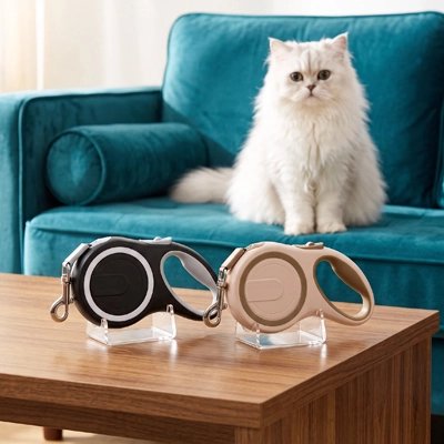 Laisse rétractable pour chat beige : poignée ronde et attache