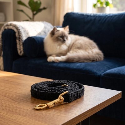 Laisse pour chat noire, enroulée sur une table avec mousqueton doré