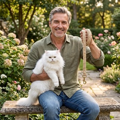 Laisse pour chat beige avec mousqueton doré, tenue par un homme au jardin