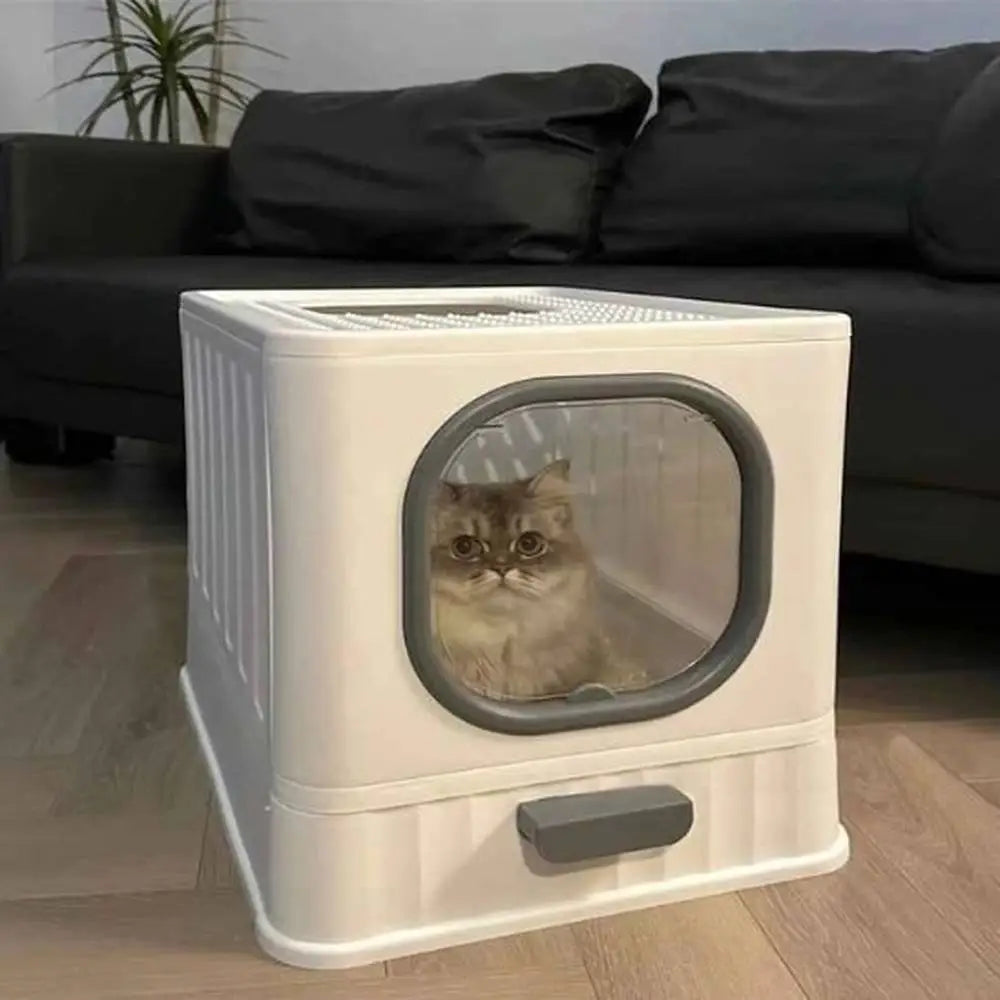 Bac à litière pour chat Ultra-Resist blanc, hublot ovale gris, loquet avant, chat à l’intérieur.