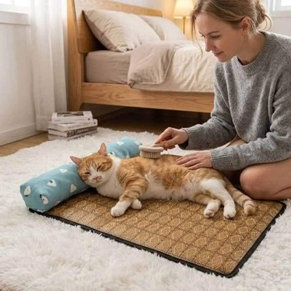 Tapis rafraîchissant pour chat brun à bords noirs, chat tigré avec coussin bleu