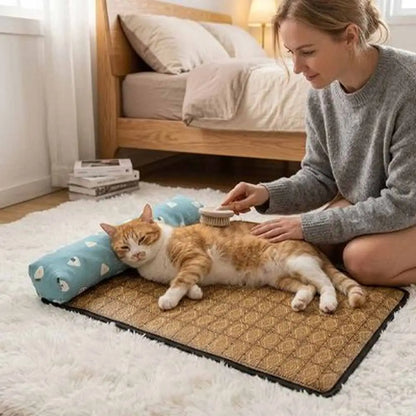 Tapis rafraîchissant pour chat brun à bords noirs, chat tigré avec coussin bleu