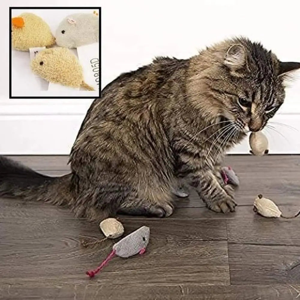 Souris en peluche grises et beiges avec cordons roses, jouet pour chat