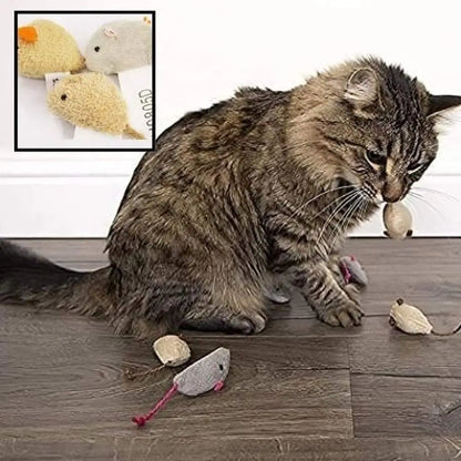 Souris en peluche grises et beiges avec cordons roses, jouet pour chat