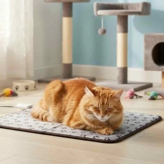 Tapis pour chat gris clair à motif pattes, bordure sombre, chat roux couché.